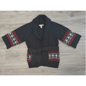 Love Change Cardigan Sweater Womens‎ S Black Aztec Print Open Front Belted